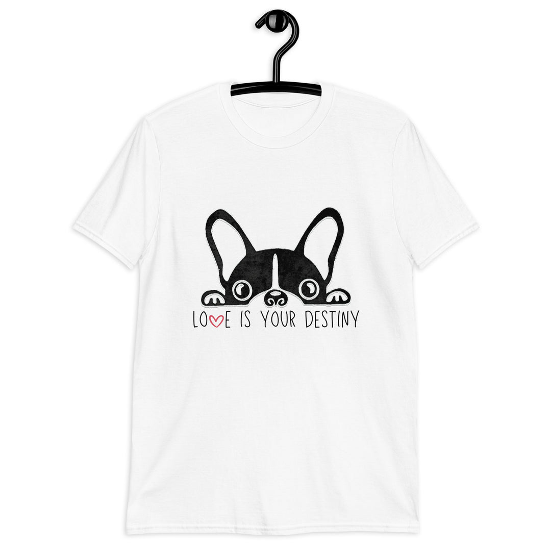 "Love is your Destiny" T-shirt featuring the French bulldog from the third novel in the Storyhill Musicians contemporary romance series, Off the Record.
