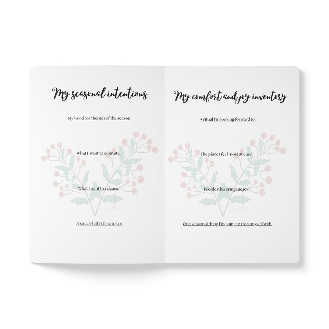 Interior pages of Winter journal with guided prompts by Annmarie Boyle for the Seasons stationery collection