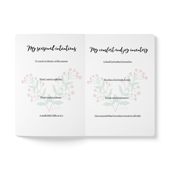 Interior pages of Winter journal with guided prompts by Annmarie Boyle for the Seasons stationery collection