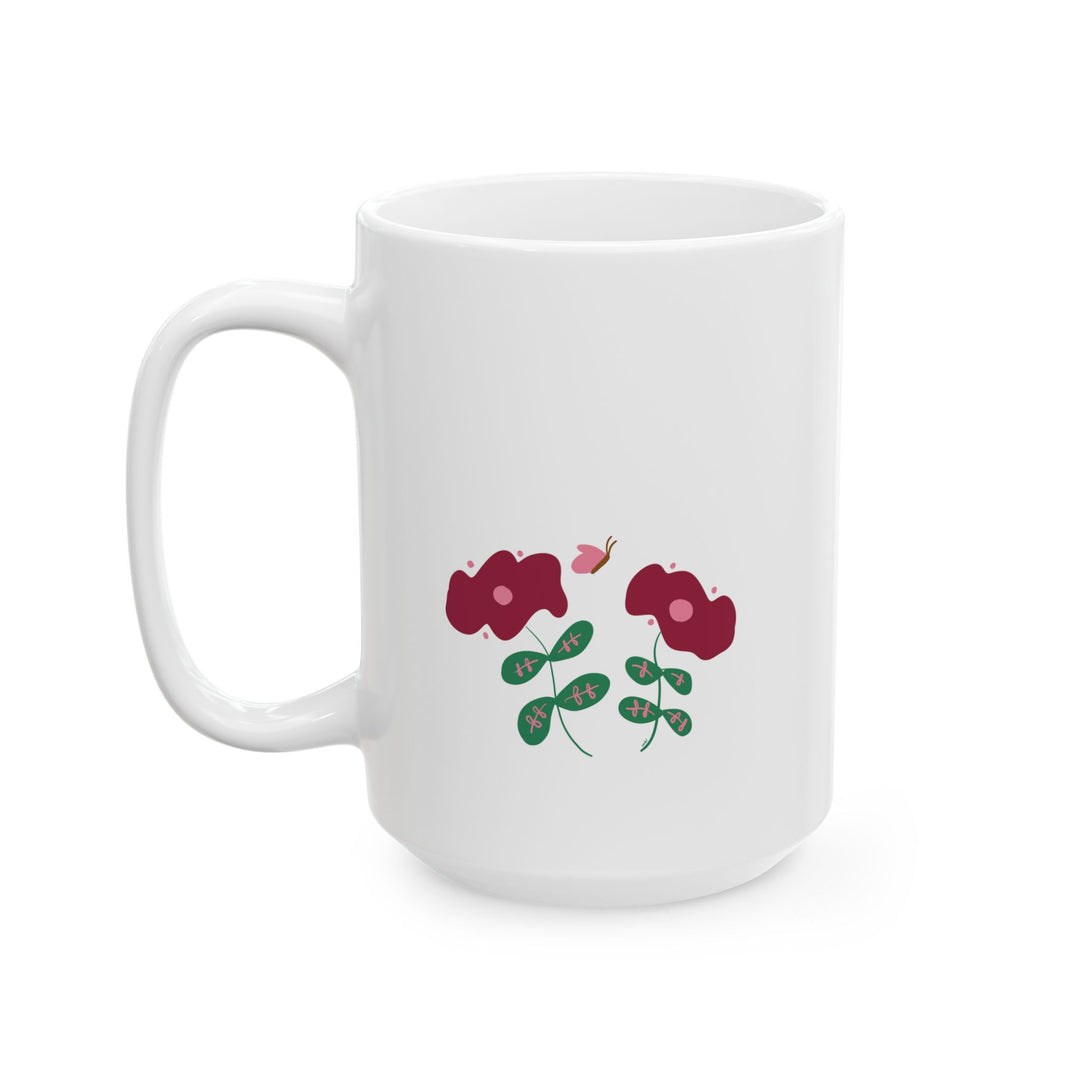 15 oz coffee mug with hand-drawn red flowers and butterfly by Annmarie Boyle for the Bookish collection - perfect for readers or flower lovers