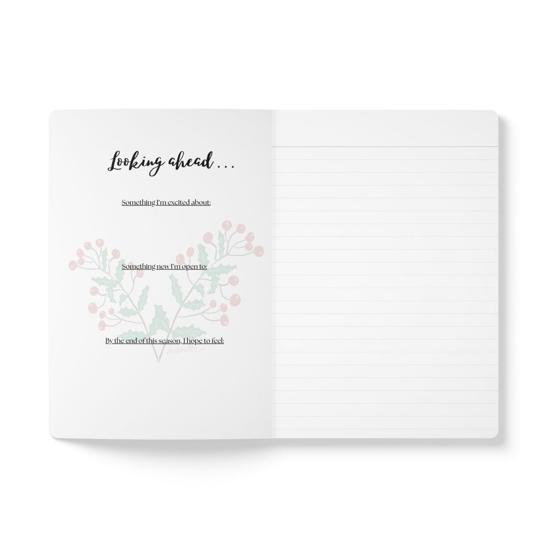 Journal prompts for seasonal direction, Winter softcover notebook, Seasons stationery