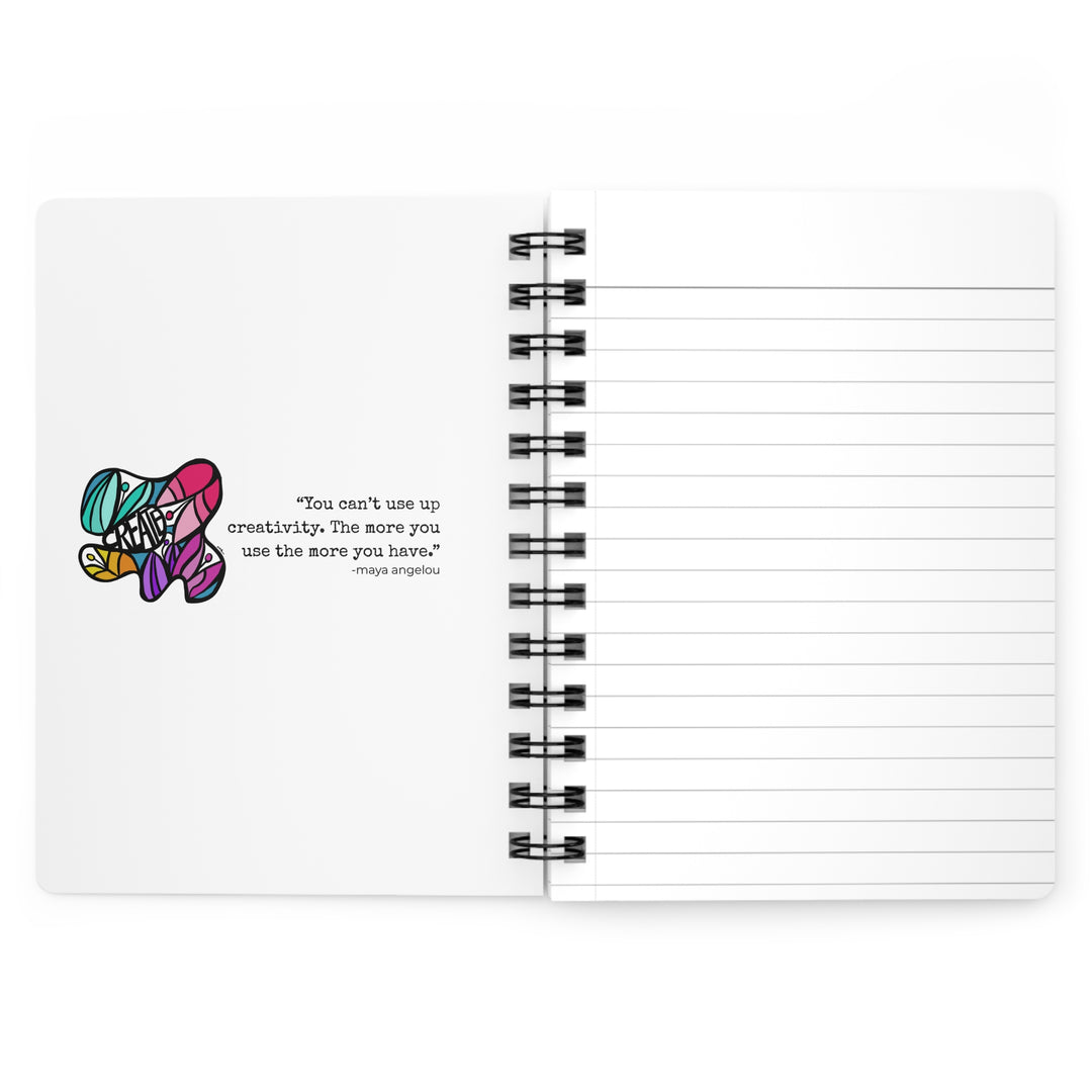 Inside cover of 'create' journal showing abstract tulip drawing and a creativity quote by Maya Angelou