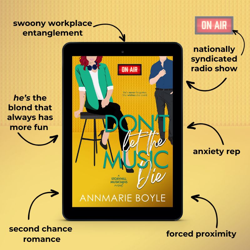 Ebook cover image and tropes used, Don't Let the Music Die, Book 2 in the Storyhill Musicians contemporary romance series by Annmarie Boyle. Tropes: workplace romance, forced proximity, and second chance romance. 