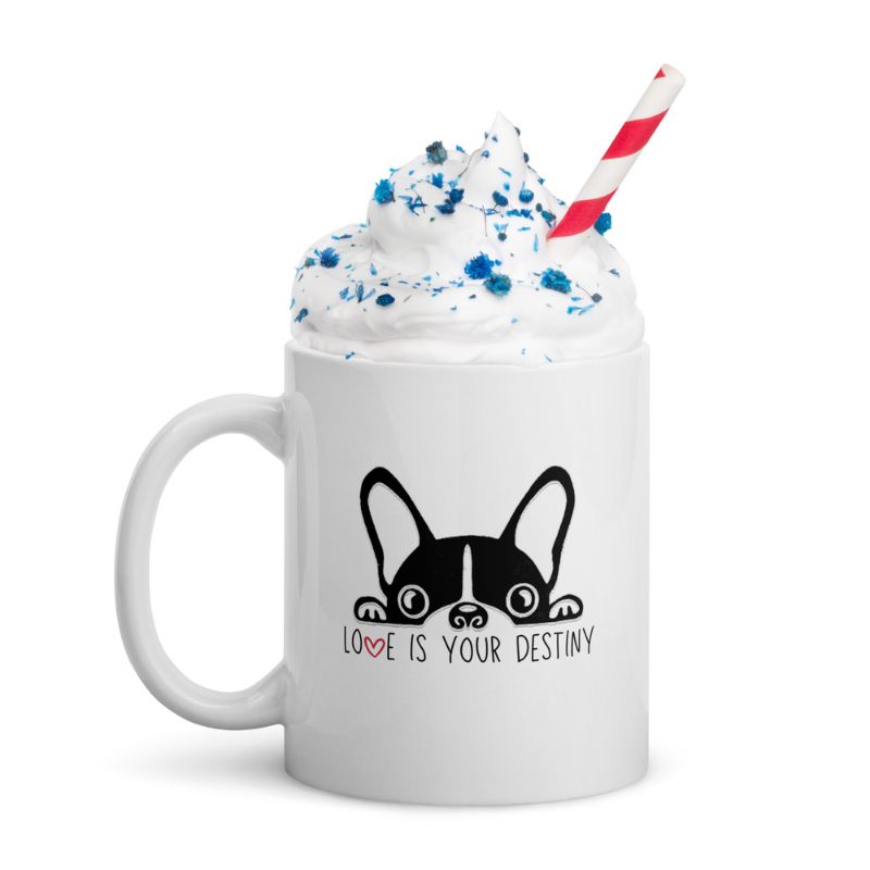 "Love is your Destiny" Mug featuring the French bulldog from the third novel in the Storyhill Musicians contemporary romance series, Off the Record.