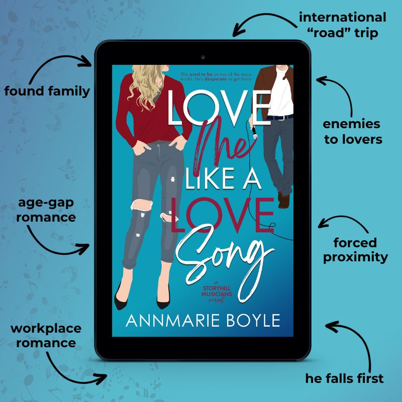 -Book cover of Love Me Like a Love Song, Book 1 in the Storyhill Musicians contemporary romance series. Image features tropes found in the book: found family, age-gap romance, workplace romance, road trip romance, enemies to loves romance, and forced proximity