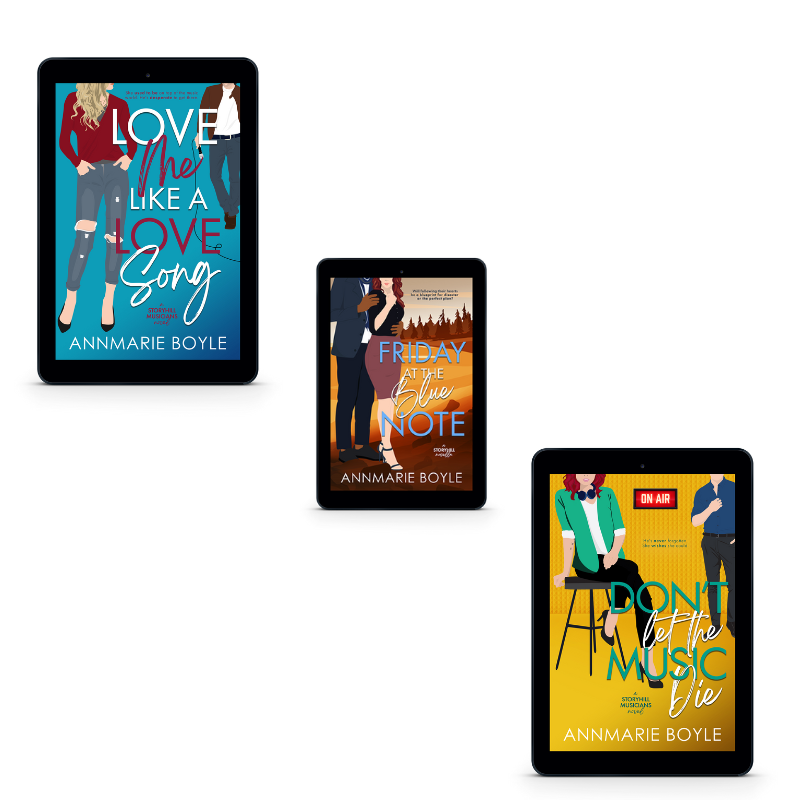 Ebook covers of the first three books in the Storyhill Musicians contemporary romance series: Love Me Like a Love Song, Friday at the Blue Notes, and Don't Let the Music Die