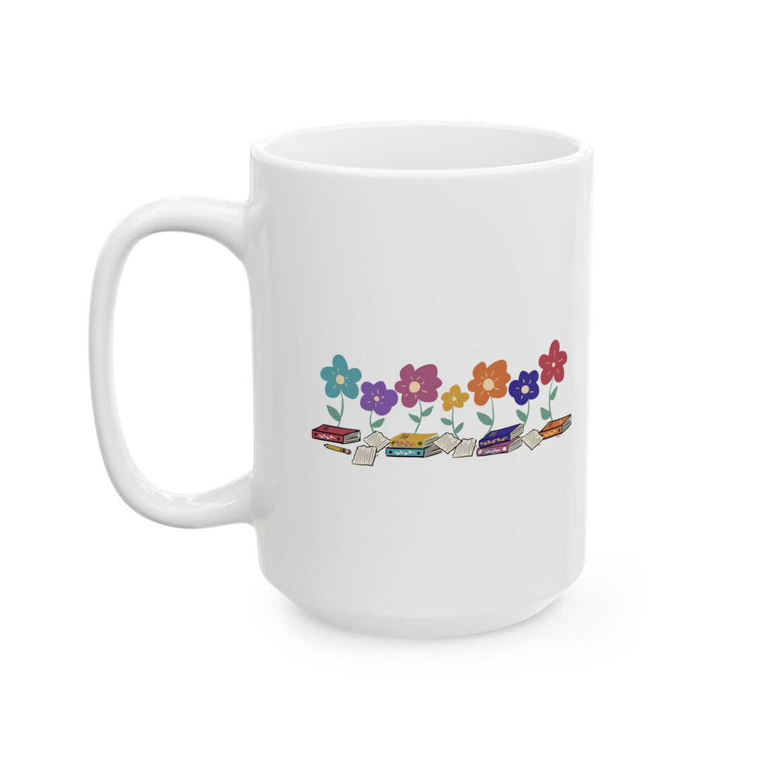 coffee mug with books and flowers by Annmarie Boyle, author and creator