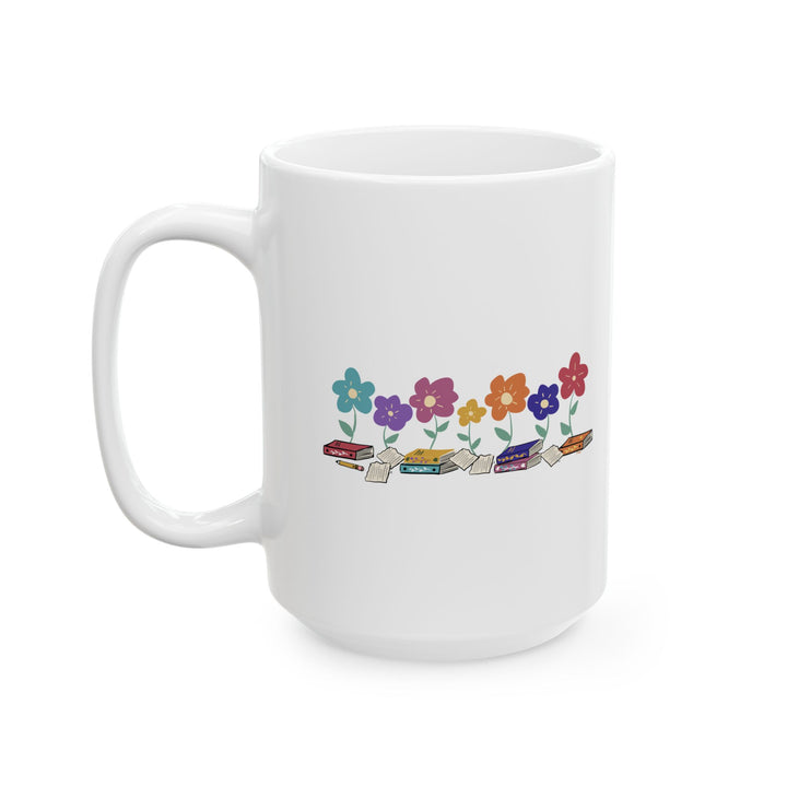 coffee mug with books and flowers by Annmarie Boyle, author and creator