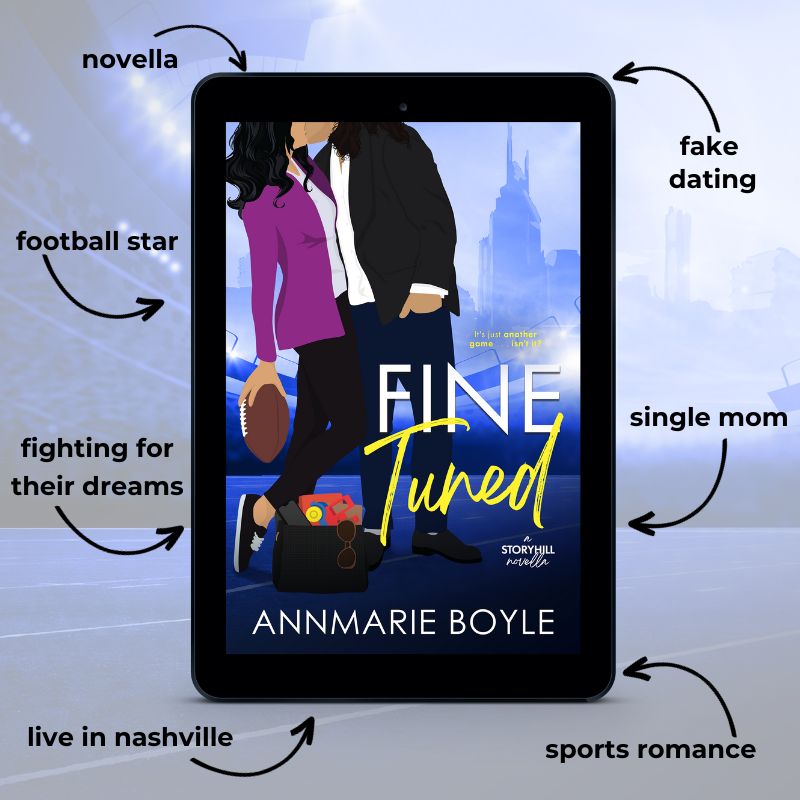Ebook cover image and tropes used, Fine Tuned, a novella in the Storyhill Musicians contemporary romance series by Annmarie Boyle. Tropes: Sports romance, single mom, fake dating