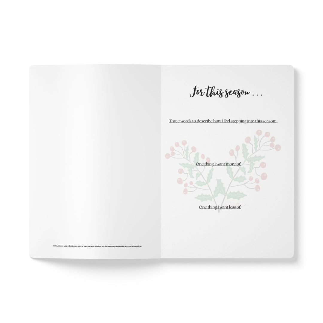 Winter journal from Seasons stationery collection featuring guided journaling prompts