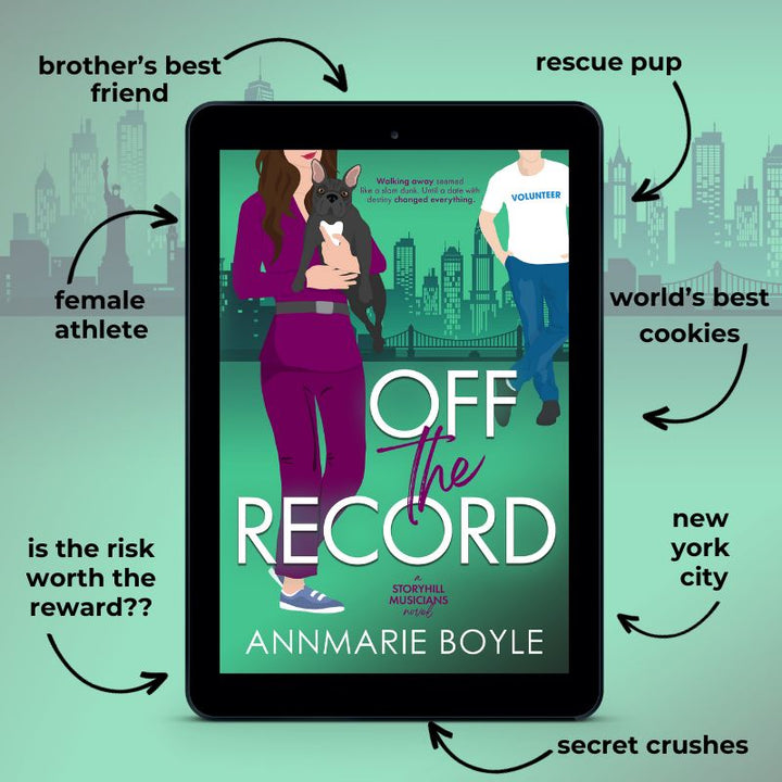 E-book cover, Off the Record, Book 3 in the Storyhill Musicians contemporary romance series by Annmarie Boyle. Graphic shows tropes used in the book: sports romance, best friend's  sister, brother's best friend romance, secret crushes