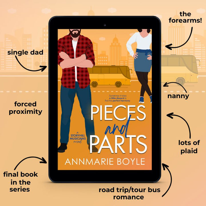 E-book cover image, Pieces and Parts, Book 4 in the Storyhill Musicians Contemporary Romance series by Annmarie Boyle. Graphic shows tropes in book: Nanny romance, road trip romance, forced proximity, single dad romance