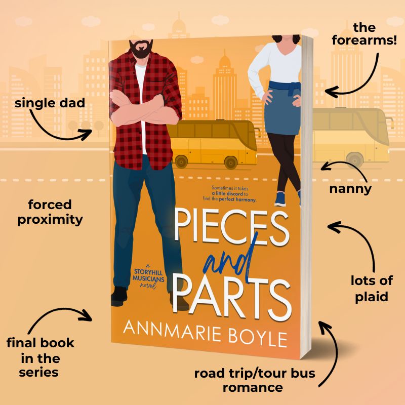 Print book cover image, Pieces and Parts, Book 4 in the Storyhill Musicians Contemporary Romance series by Annmarie Boyle. Graphic lists tropes in book: nanny/single dad romance, road trip romance, forced proximity