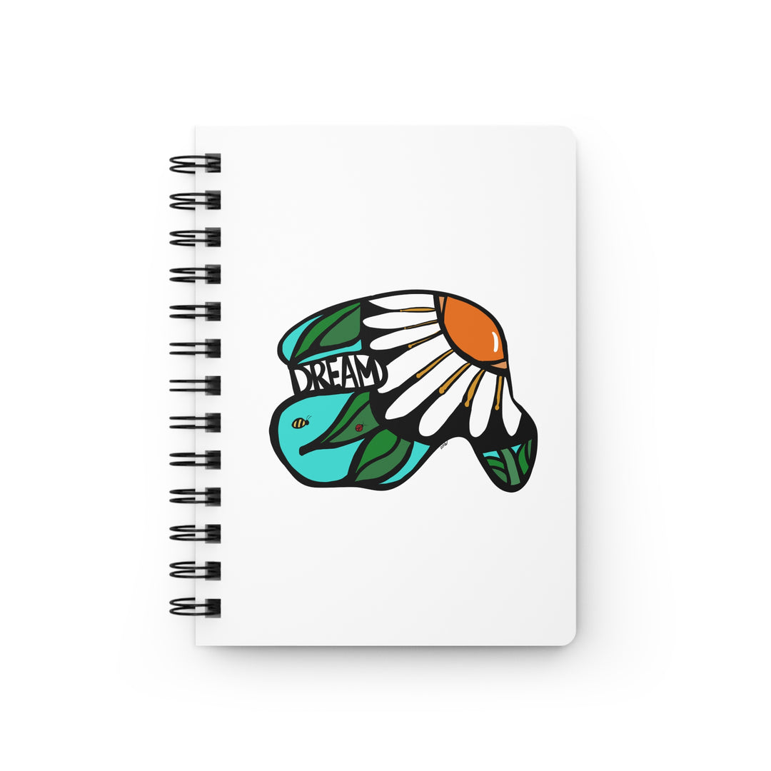 'Dream' spiral notebook with daisy, bee, and ladybug for the Flourish stationery collection on annmarieboyle.com