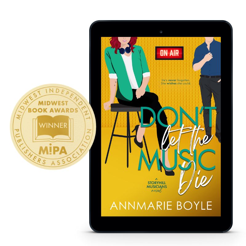 E-book cover, Don't Let the Music DIe, Book 2 in the Storyhill Musicians contemporary romance series. Midwest Book Awards Winner sticker attached.