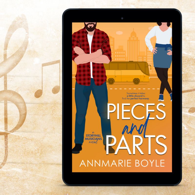 E-book cover image, Pieces and Parts, Book 4 in the Storyhill Musicians Contemporary Romance series by Annmarie Boyle. Background: faded sheet music
