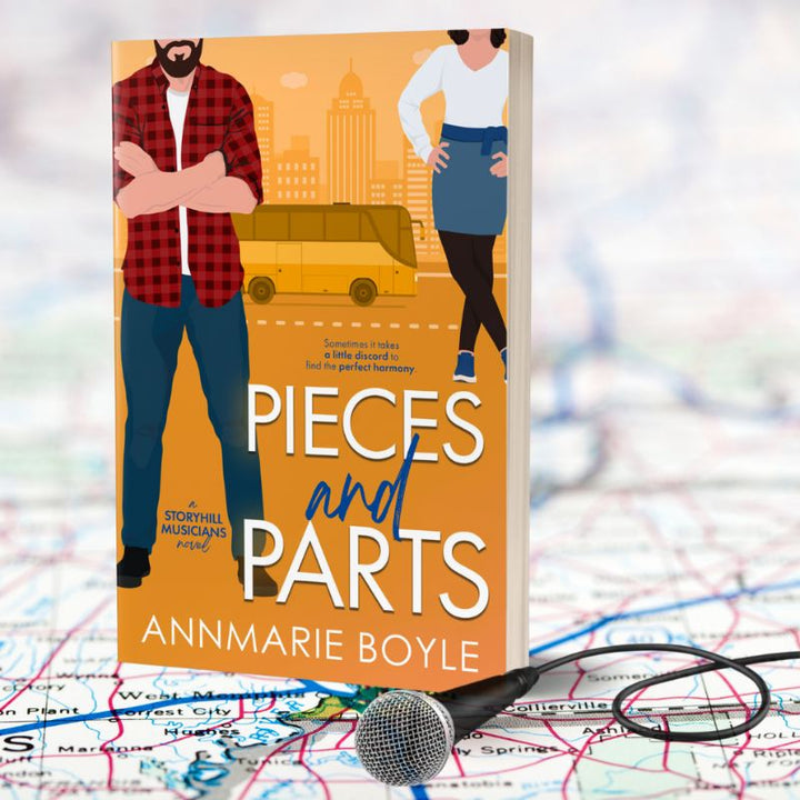 Print book cover of Pieces and Parts, book 4 in the Storyhill Musicians contemporary romance series, sitting on a road map with a microphone and cord.