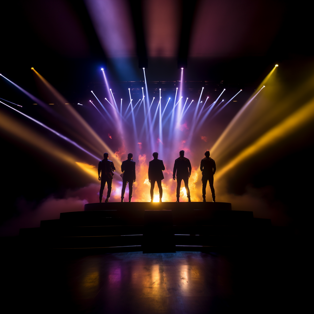 Storyhill band inspiration image. Five men on stage in silhouette with colorful spotlights shining on the stage.