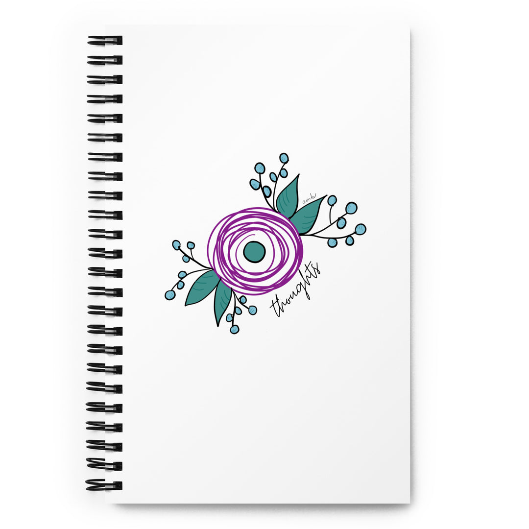 White spiral lined notebook with a purple abstract and the word 'thoughts' on the cover by Annmarie Boyle for the Floral Notes stationery collection