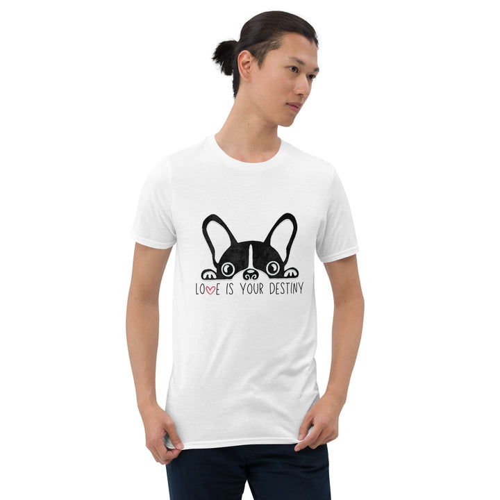 "Love is your Destiny" T-shirt featuring the French bulldog from the third novel in the Storyhill Musicians contemporary romance series, Off the Record.