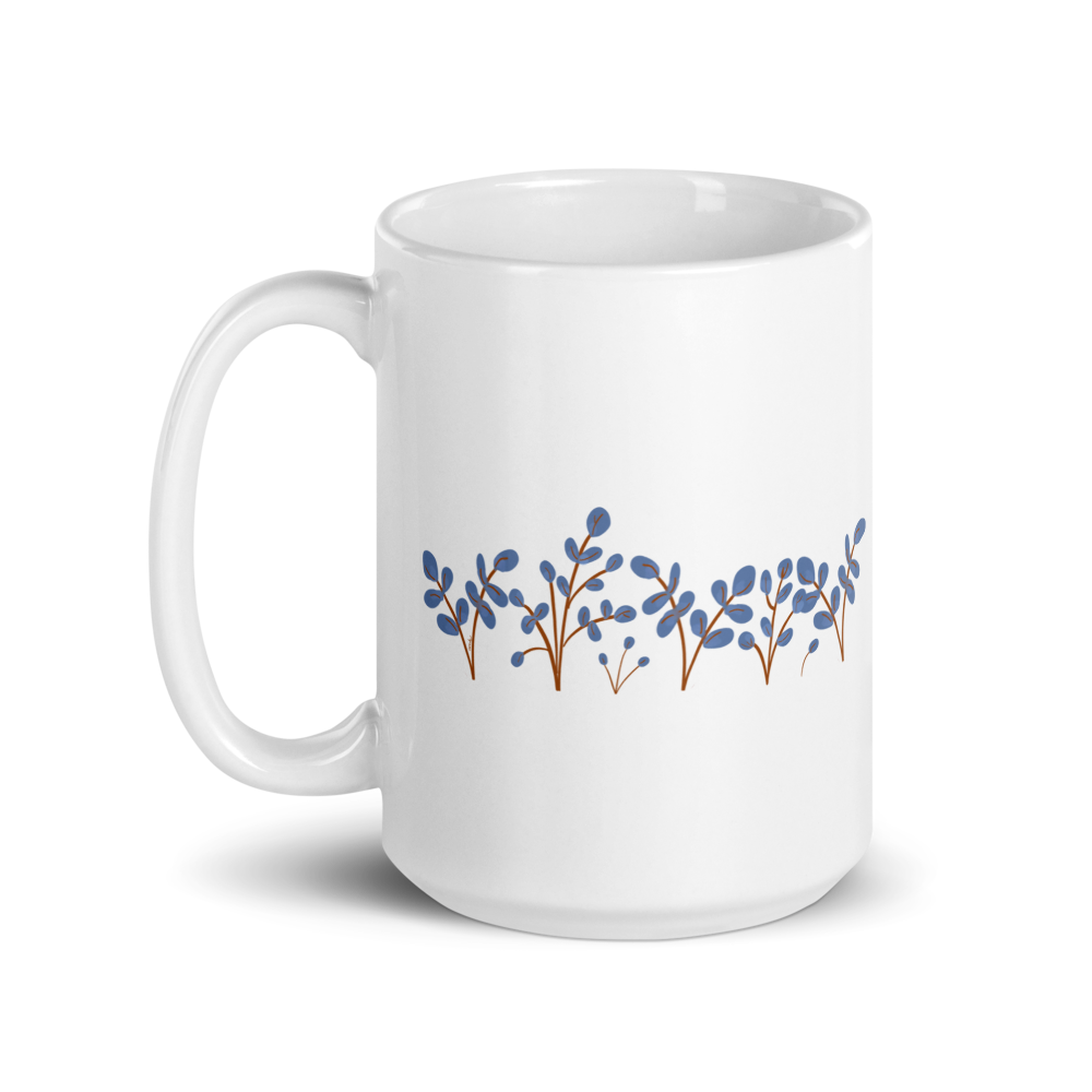 Delicate blue illustrated flowers on white mug - part of the Flourish stationery collection by Annmarie Boyle for The Landing