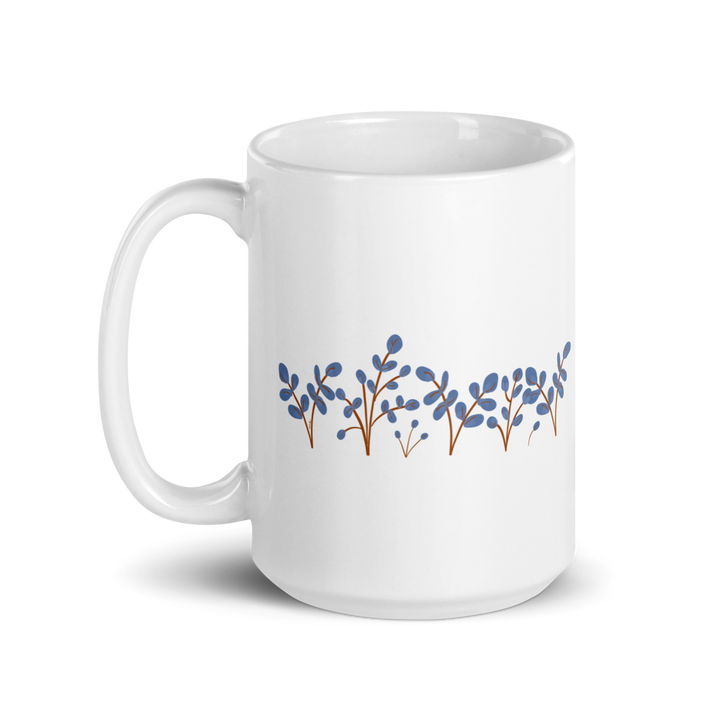 Delicate blue illustrated flowers on white mug - part of the Flourish stationery collection by Annmarie Boyle for The Landing